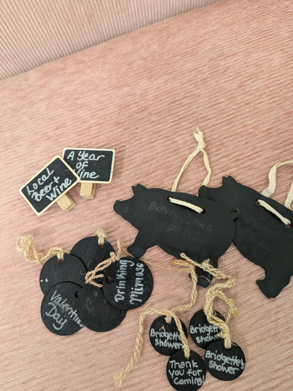 Lot of 12 Reusable Chalkboard Sign Tags & Mini Pegs (Pig, Round, Clip Shapes)